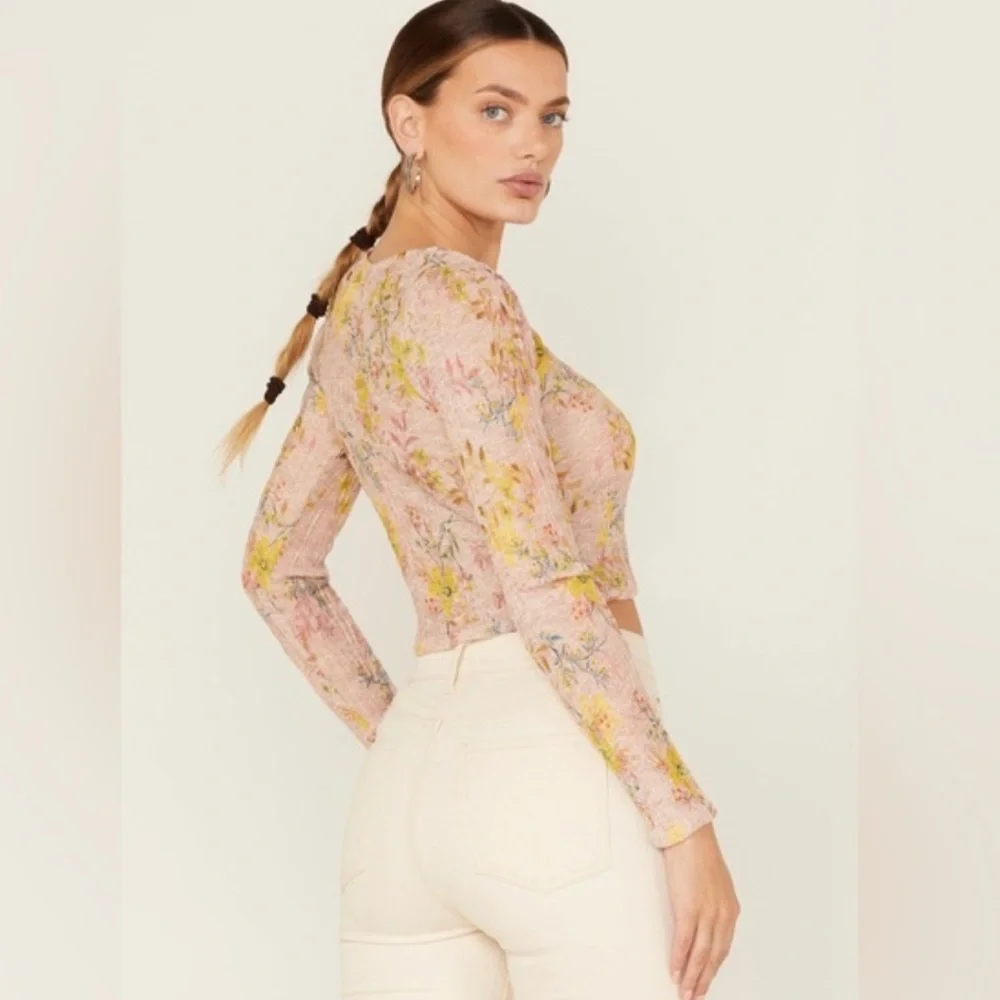 Free People Angelina Floral Long Sleeve Top in Light Combo Retail $78